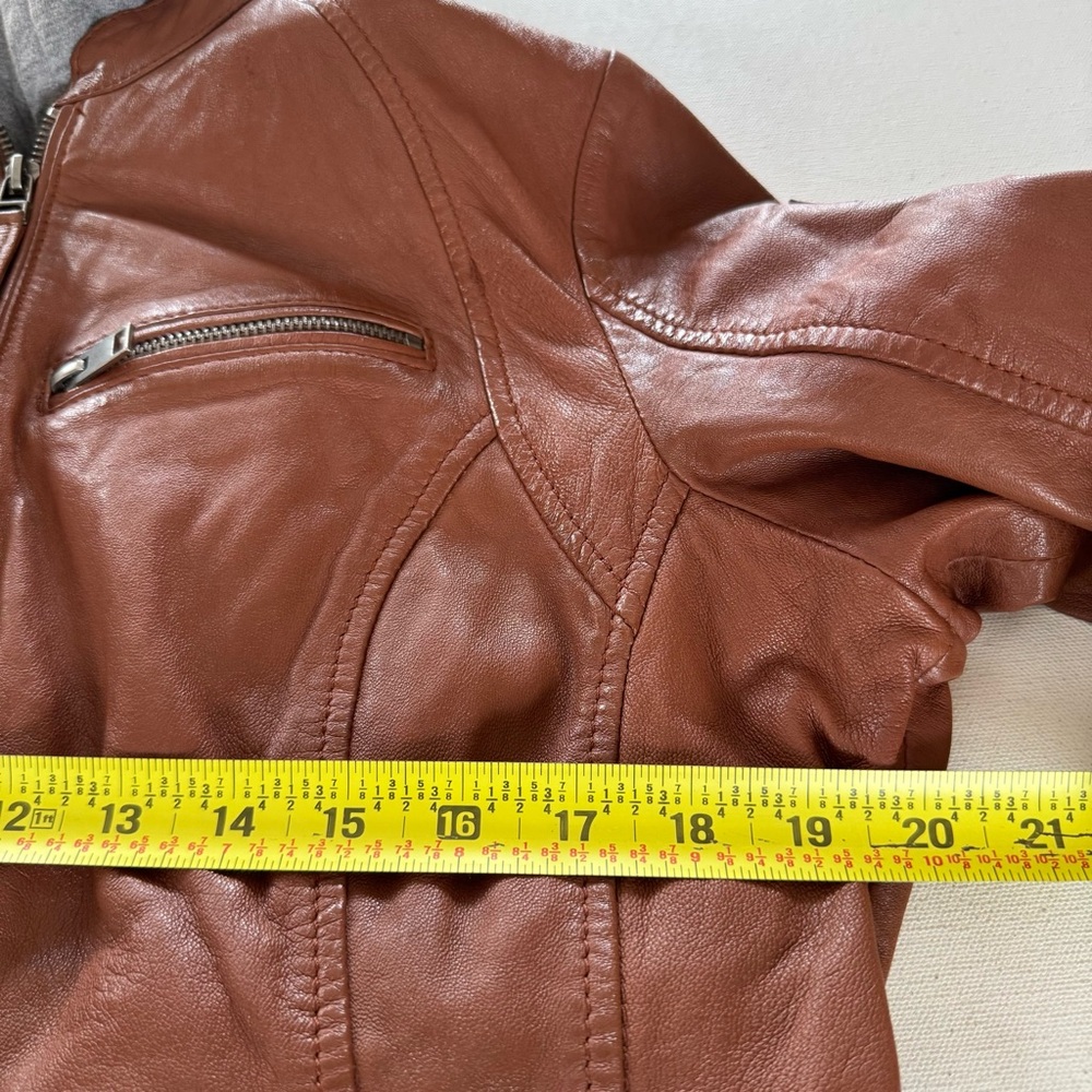 Mauritius Cognac Lamb Leather Moto Jacket Women’s XL Removable Gray Hood - Picture 15 of 16
